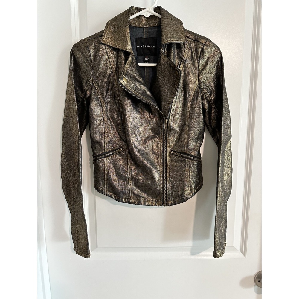 Rock & Republic Women's Gold Metallic Biker Moto Zip Jacket Sz XS Stretch Grunge